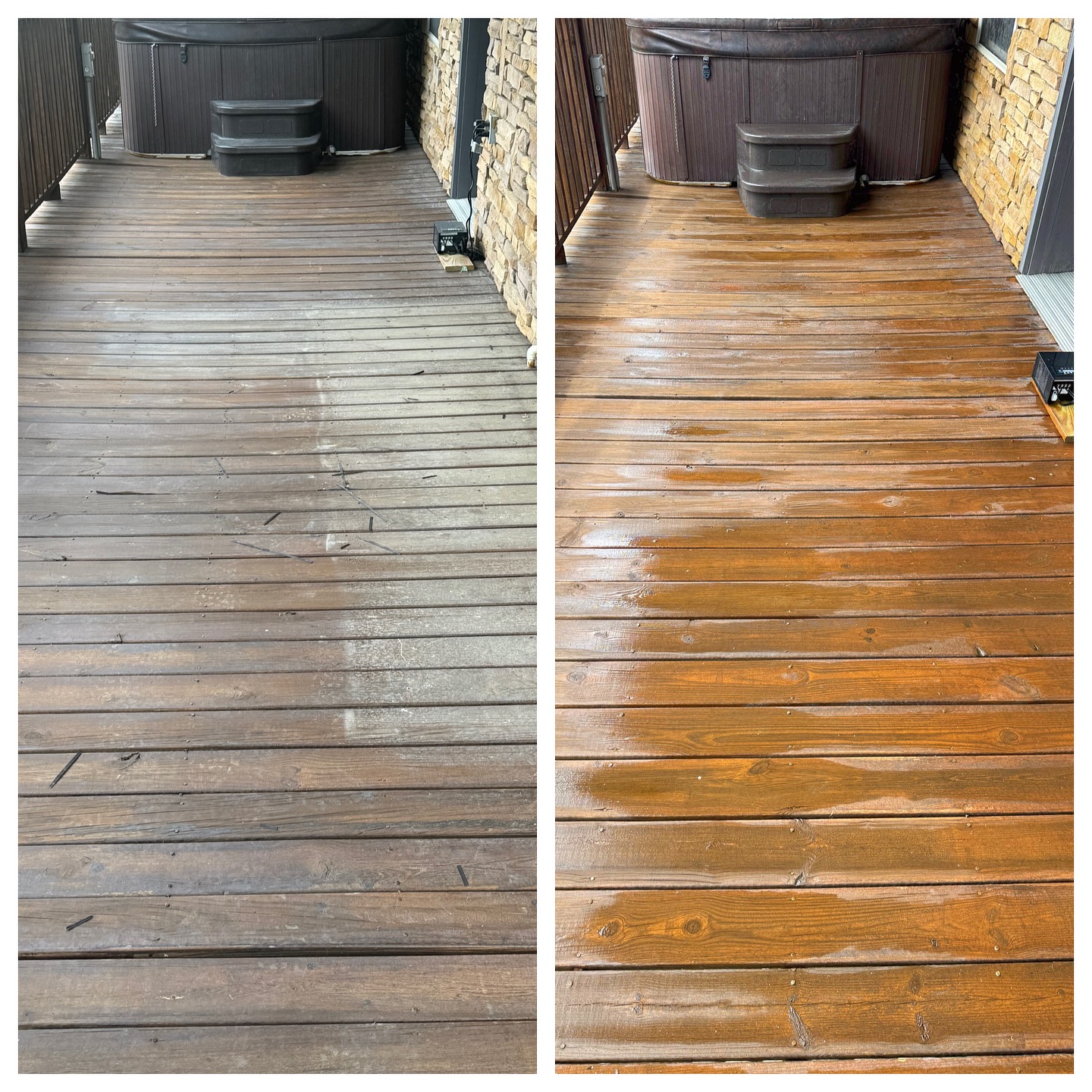 Before and after wooden deck pressure washing showing restored wood grain