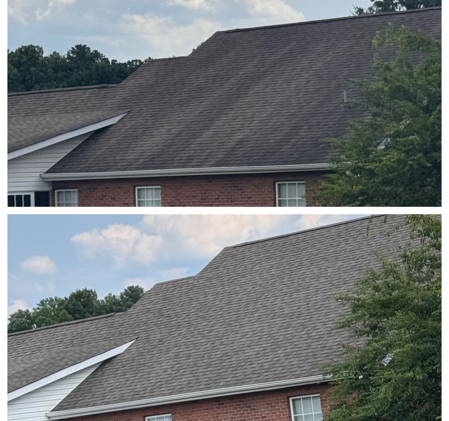Before and after roof cleaning showing algae streaks removed from shingles