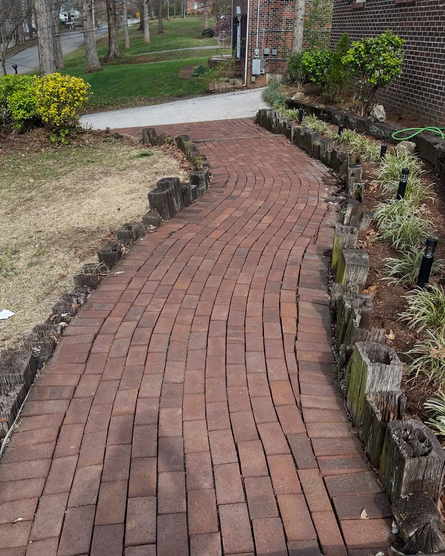 Clean curved brick paver walkway through a residential yard